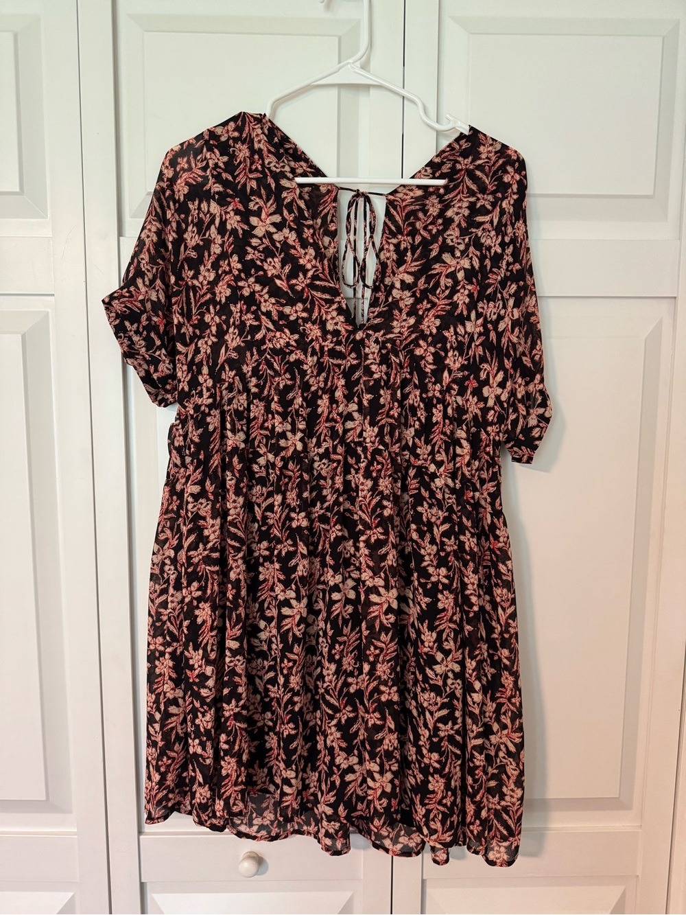 Free People Floral Tie-Back Black and Pink Short Sleeve Mini Dress